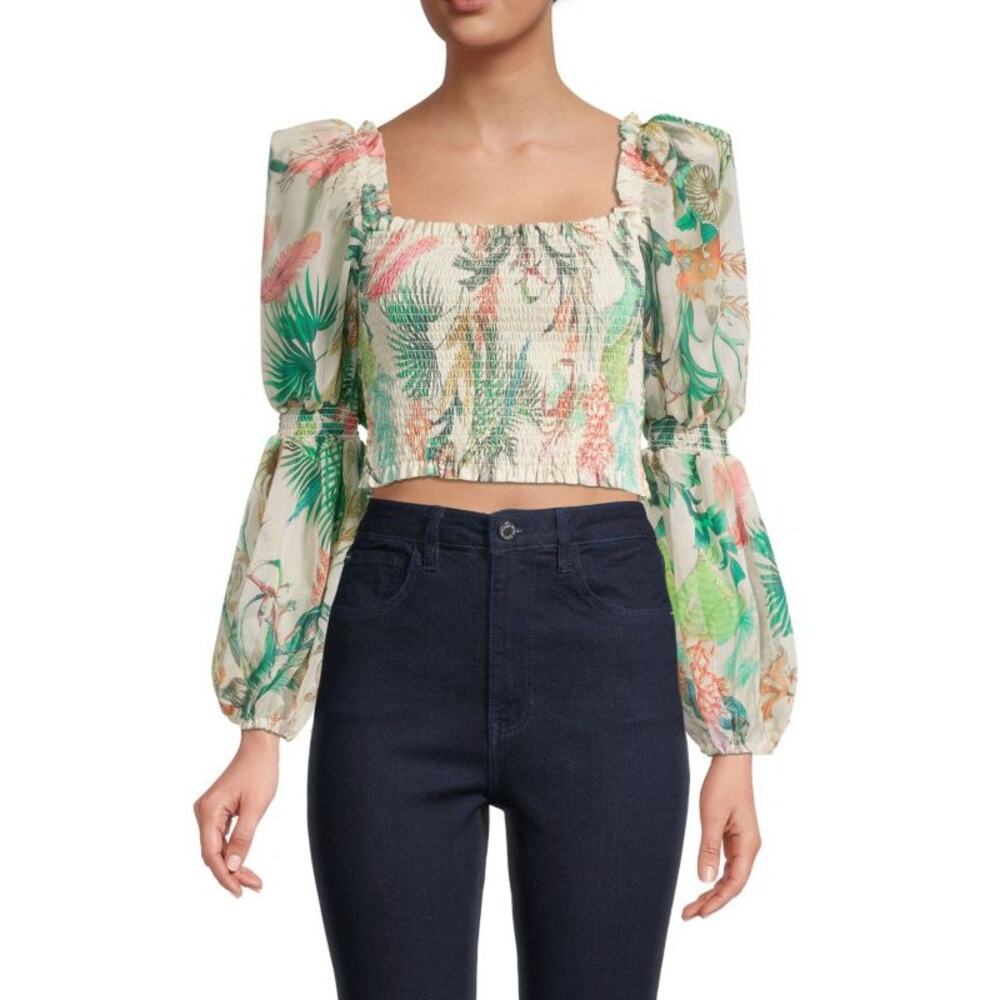 PATBO Women's Oasis Shirred Cropped Top Size 10 In Off White - Picture 1 of 9